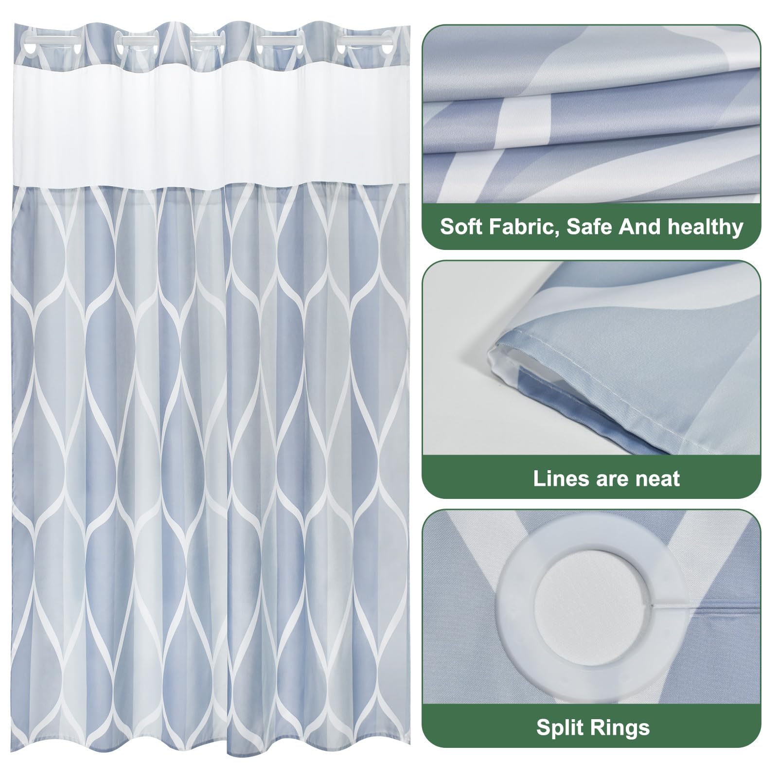 Yiatn Light Blue Hook Free Shower Curtain With Snap In Liner - Hotel Style With See Through Mesh Top Window, Modern Geometric Wa